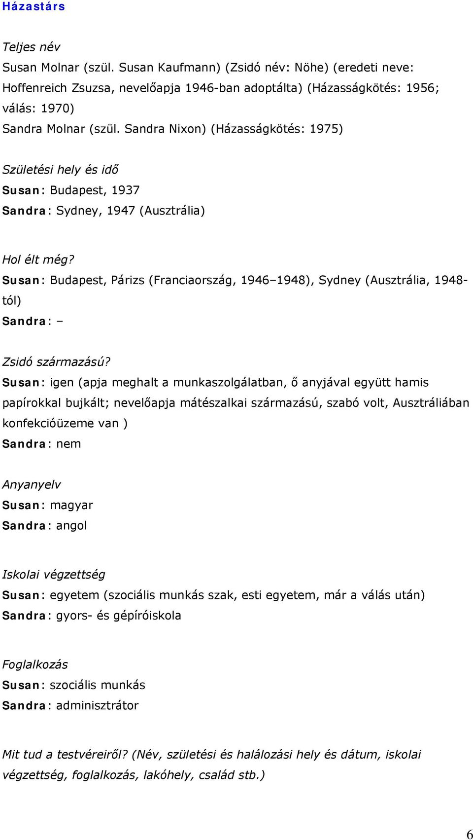 Susan: Budapest, Párizs (Franciaország, 1946 1948), Sydney (Ausztrália, 1948- tól) Sandra: Zsidó származású?