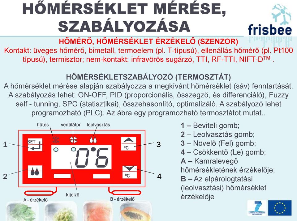 HŐMÉRSÉKLETSZABÁLYOZÓ (TERMOSZTÁT) A hőmérséklet mérése alapján szabályozza a megkívánt hőmérséklet (sáv) fenntartását.