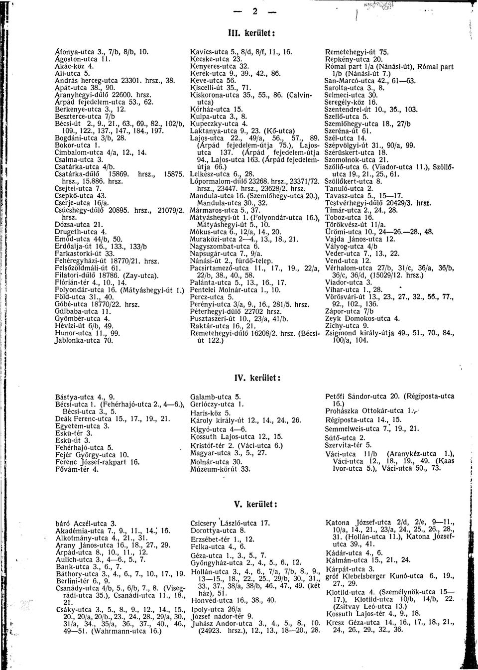 Csatárka-utca 4/b. Csatárka-dűlő 15869. hrsz., 15875. hrsz., 15.886. hrsz. Csejtei-utca 7. Csepkő-utca 43. Cserje-utca 16/a. Csúcshegy-dűlő 20895. hrsz., 21079/2. hrsz. Dózsa-utca 21. Drugeth-utca 4.