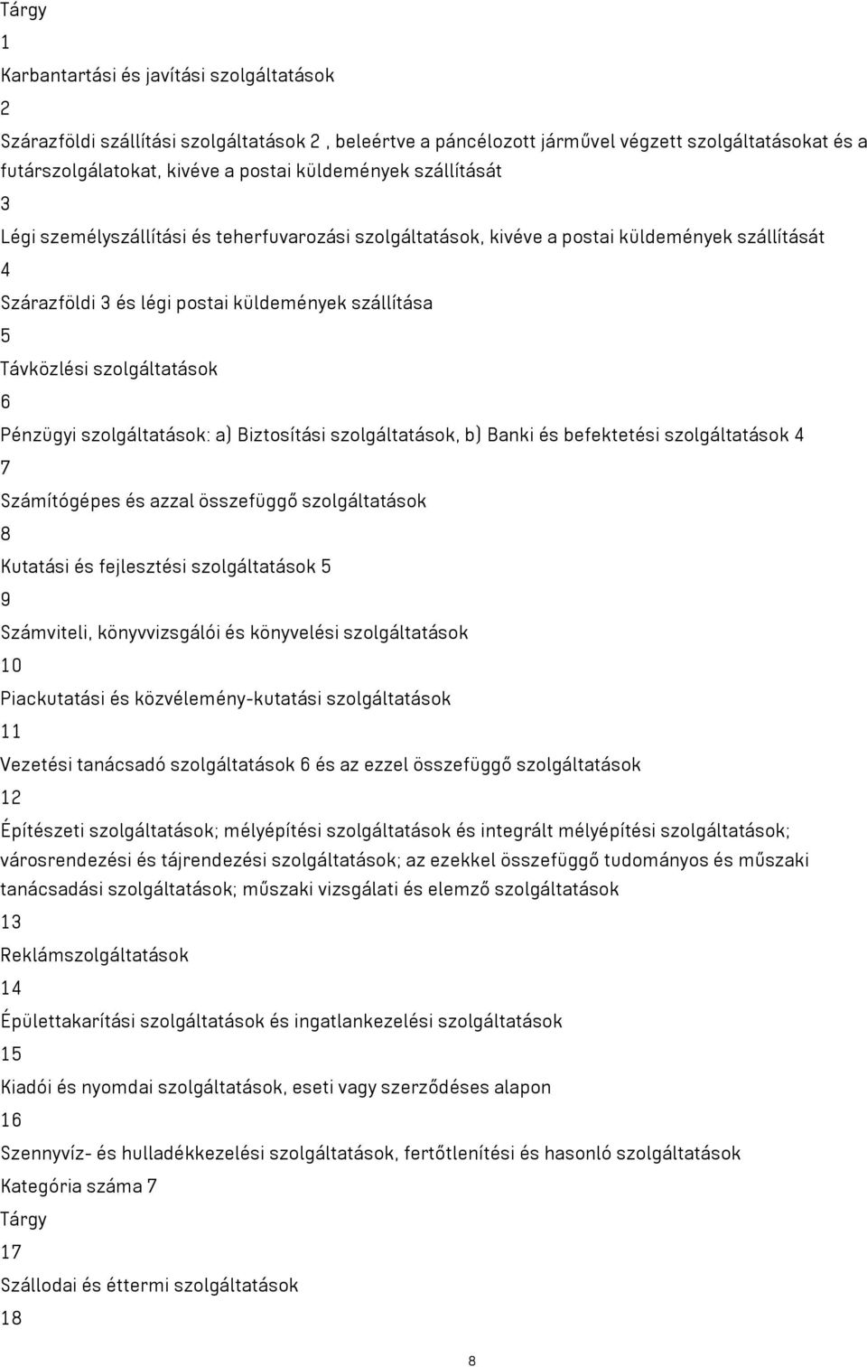 szolgáltatások 6 Pénzügyi szolgáltatások: a) Biztosítási szolgáltatások, b) Banki és befektetési szolgáltatások 4 7 Számítógépes és azzal összefüggő szolgáltatások 8 Kutatási és fejlesztési