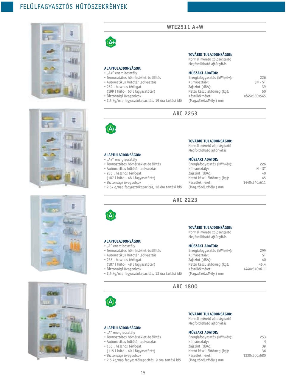 50 1645x550x545 ARC 2253 A+ energiaosztály Termosztátos hőmérséklet-beállítás Automatikus hűtőtér leolvasztás 235 l hasznos térfogat (187 l hűtő-, 48 l fagyasztótér) Biztonsági üvegpolcok 2,5k g/nap