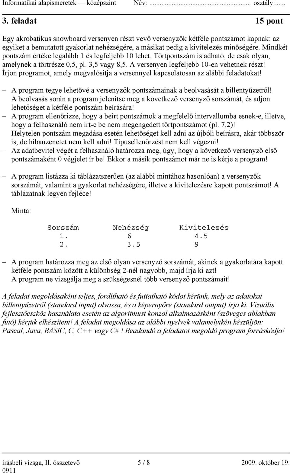 Írjon programot, amely megvalósítja a versennyel kapcsolatosan az alábbi feladatokat! A program tegye lehetővé a versenyzők pontszámainak a beolvasását a billentyűzetről!