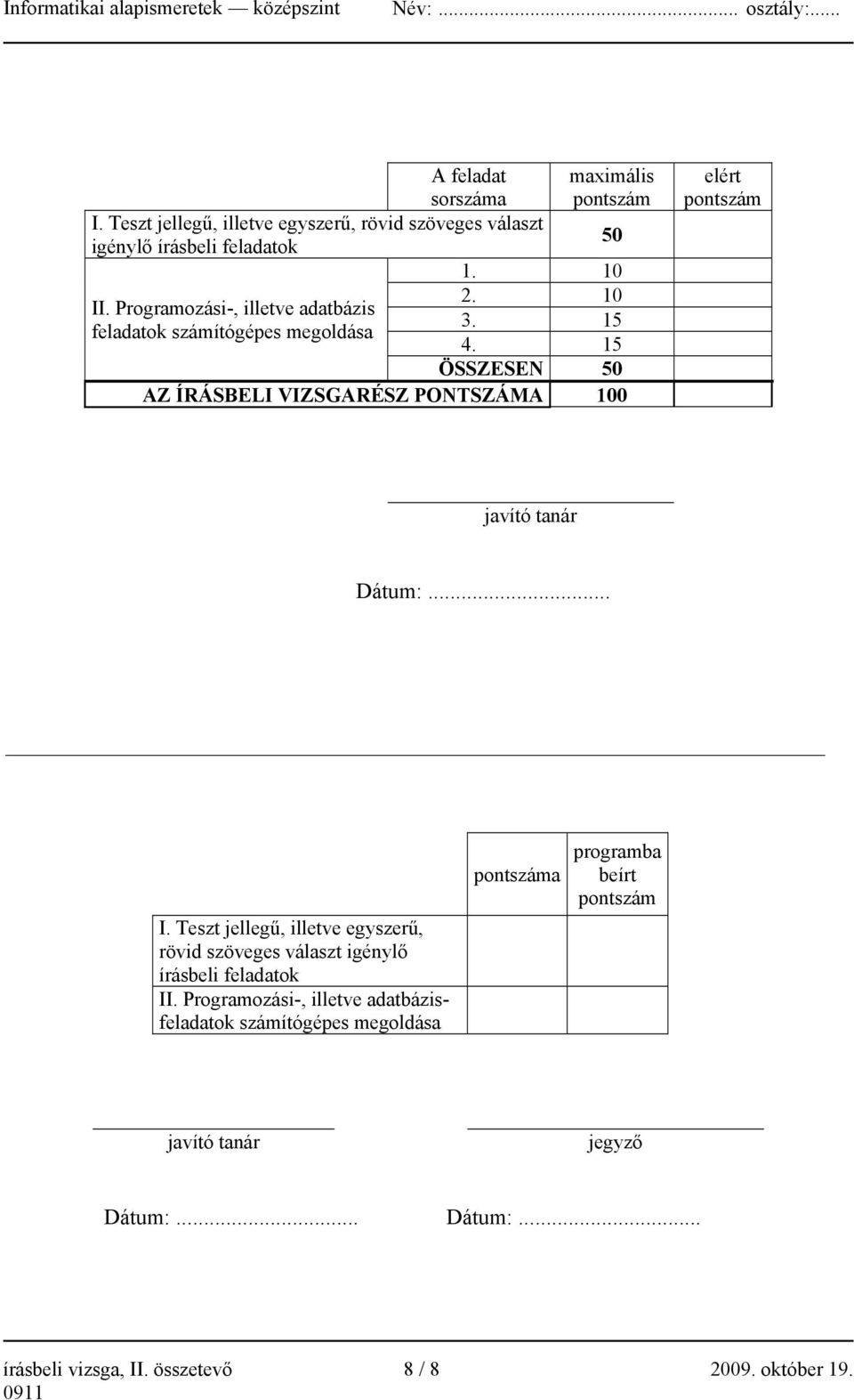 15 ÖSSZESEN 50 AZ ÍRÁSBELI VIZSGARÉSZ PONTSZÁMA 100 50 elért pontszám javító tanár Dátum:... I.