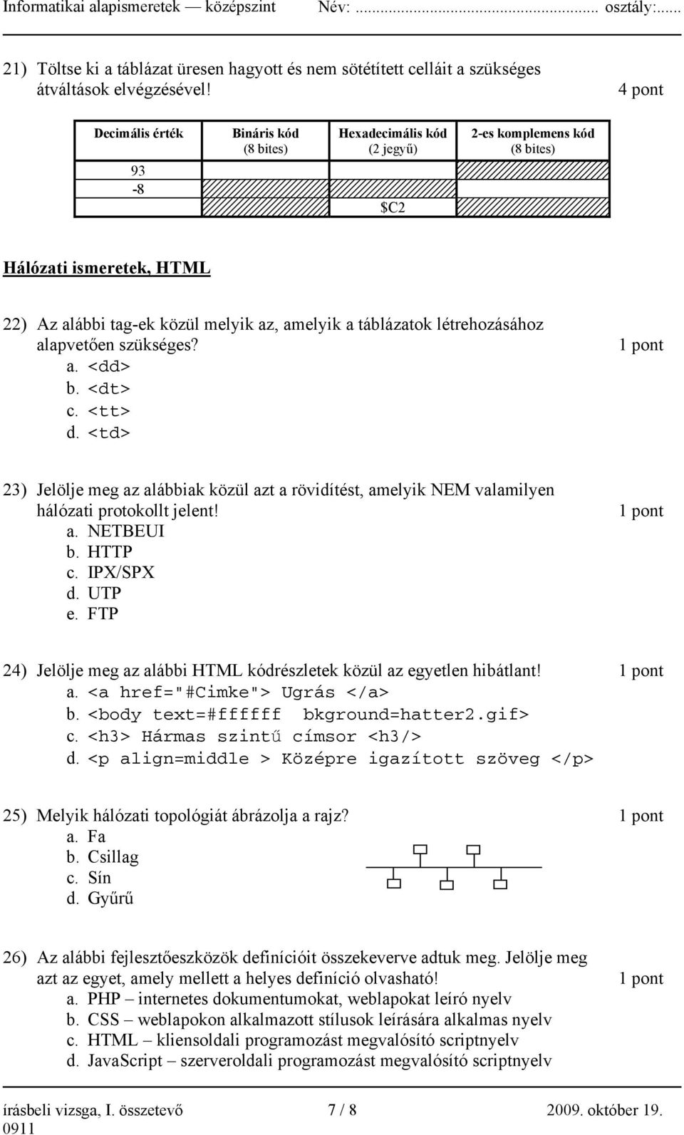 létrehozásához alapvetően szükséges? a. <dd> b. <dt> c. <tt> d. <td> 23) Jelölje meg az alábbiak közül azt a rövidítést, amelyik NEM valamilyen hálózati protokollt jelent! a. NETBEUI b. HTTP c.