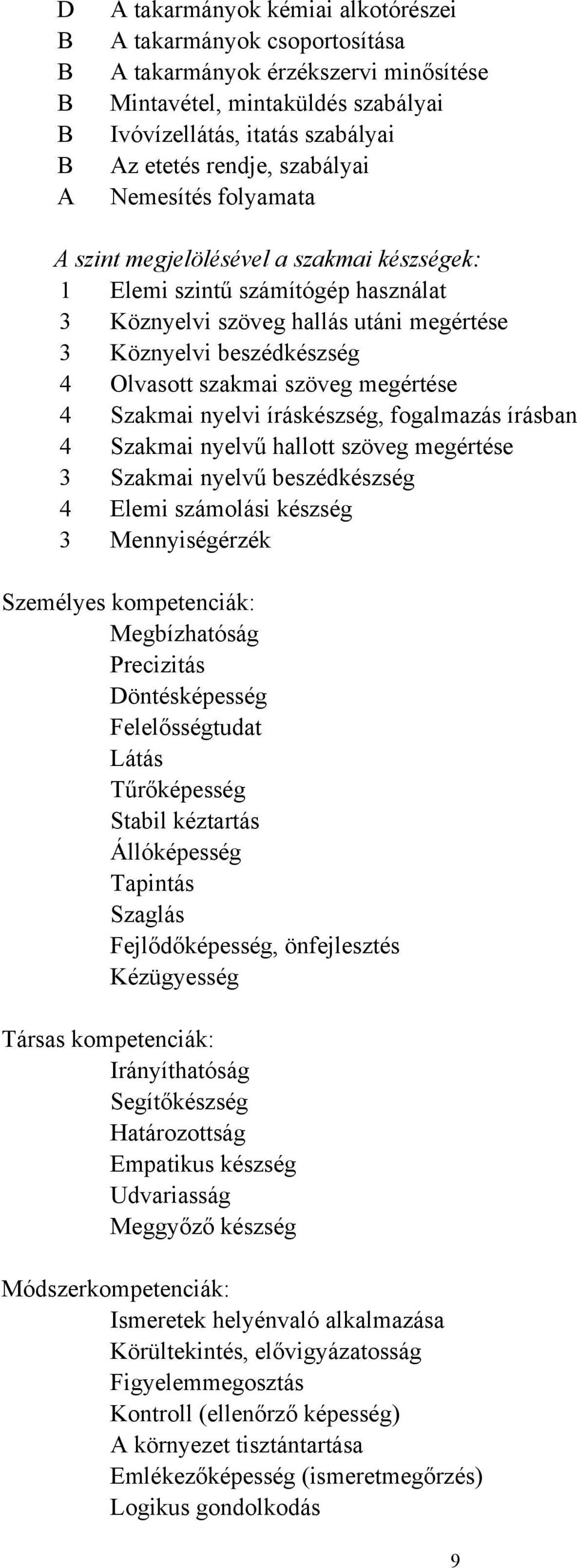 szöveg megértése 4 Szakmai nyelvi íráskészség, fogalmazás írásban 4 Szakmai nyelvű hallott szöveg megértése 3 Szakmai nyelvű beszédkészség 4 Elemi számolási készség 3 Mennyiségérzék Személyes