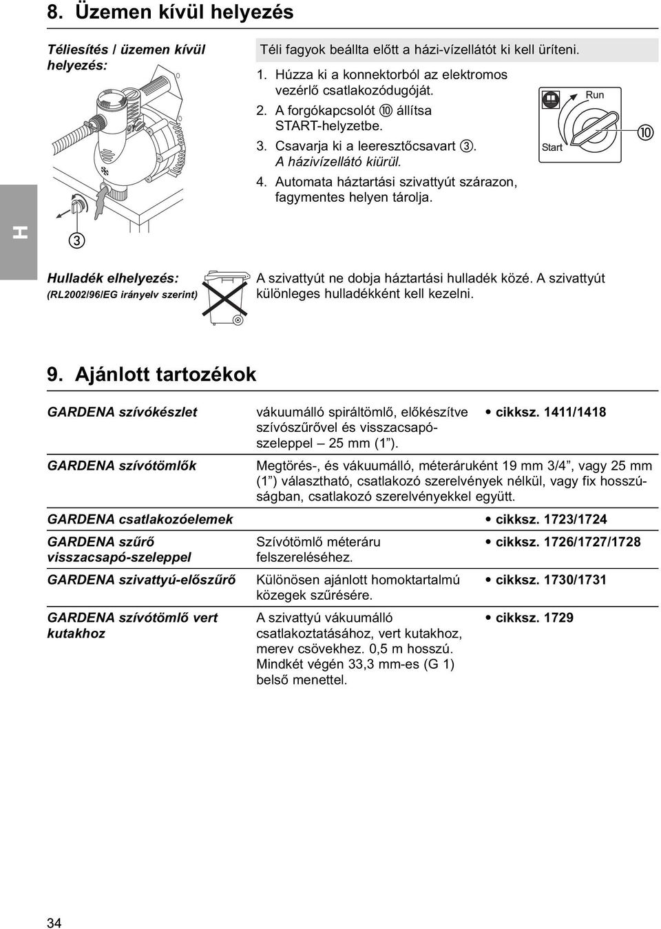 ulladék elhelyezés: (RL2002/96/EG irányelv szerint) A szivattyút ne dobja háztartási hulladék közé. A szivattyút különleges hulladékként kell kezelni. 9.