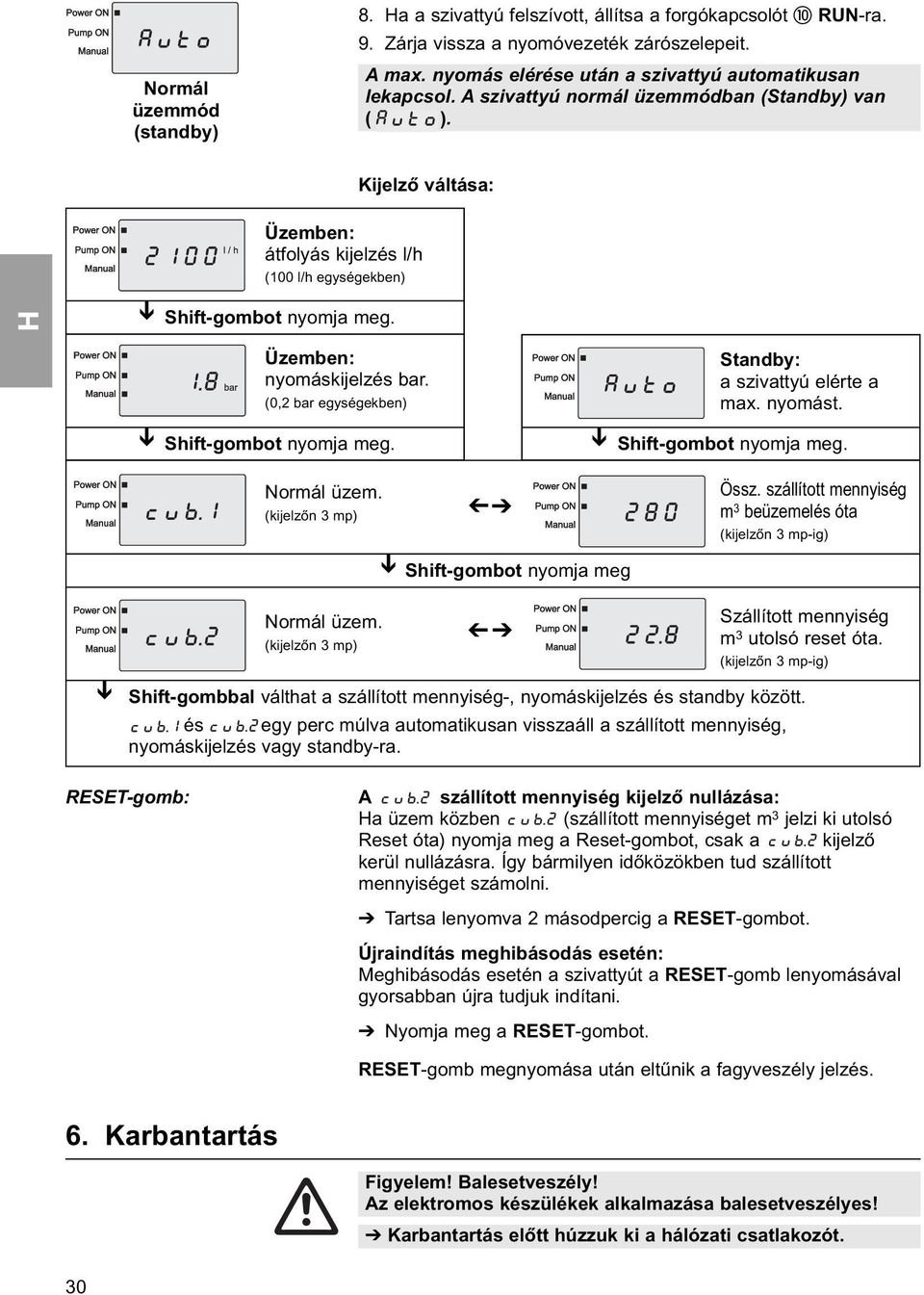 (0,2 bar egységekben) Shift-gombot nyomja meg. Normál üzem. (kijelzőn 3 mp) Standby: a szivattyú elérte a max. nyomást. Shift-gombot nyomja meg. Össz.