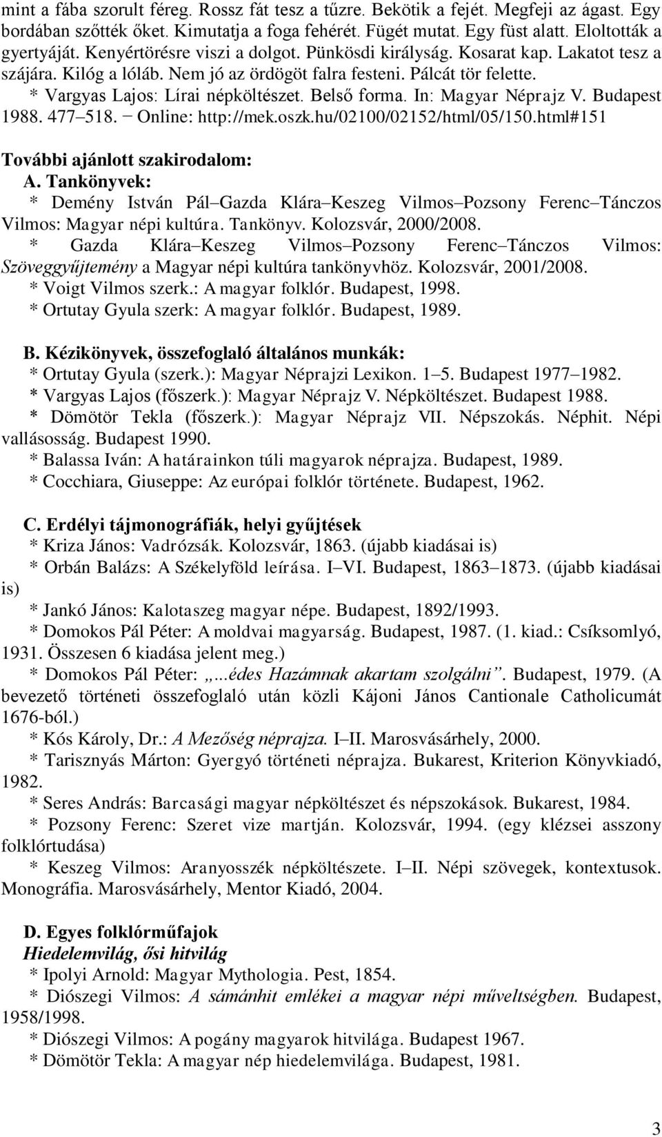 Magyar folklór (tematika és könyvészet a kurzus első 7 előadásához) - PDF  Ingyenes letöltés