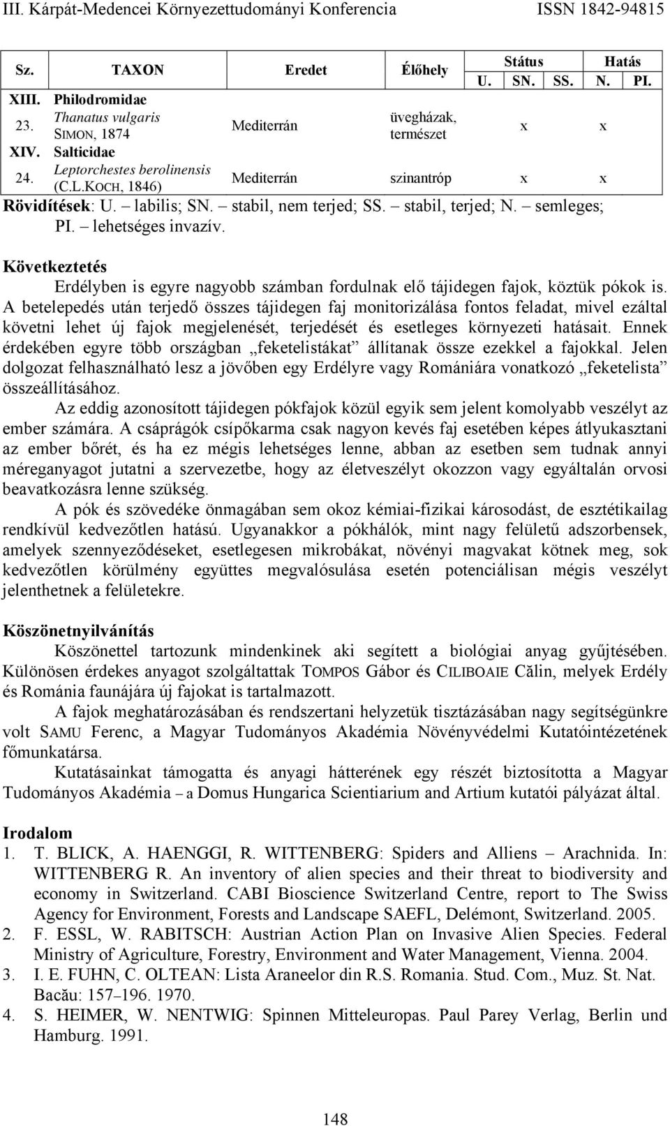 Következtetés Erdélyben is egyre nagyobb számban fordulnak elő tájidegen fajok, köztük pókok is.