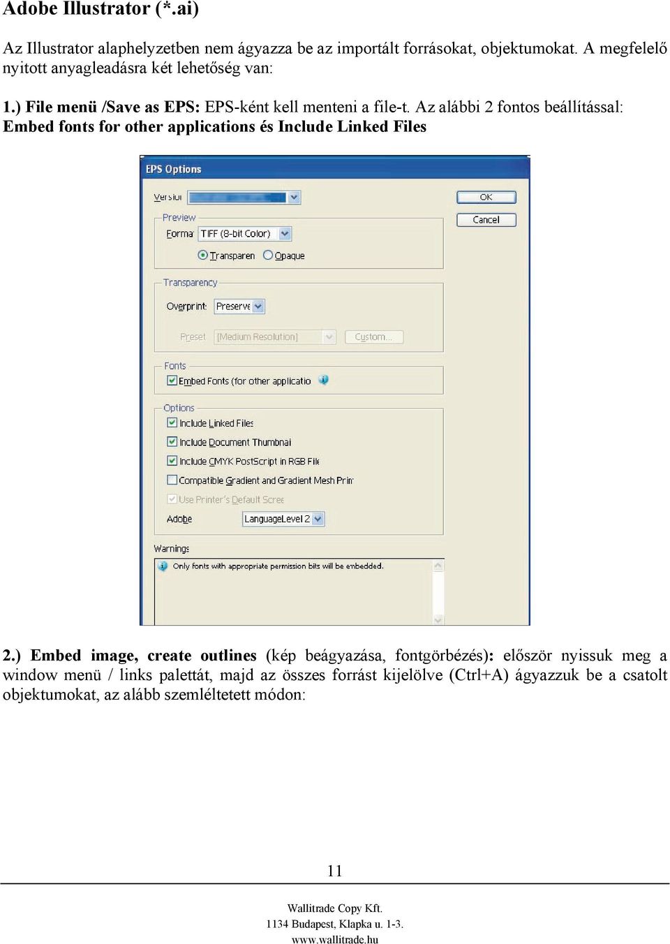 Az alábbi 2 fontos beállítással: Embed fonts for other applications és Include Linked Files 2.