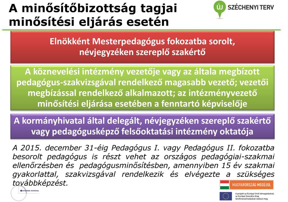 által delegált, névjegyzéken szereplő szakértő vagy pedagógusképző felsőoktatási intézmény oktatója A 2015. december 31-éig Pedagógus I. vagy Pedagógus II.