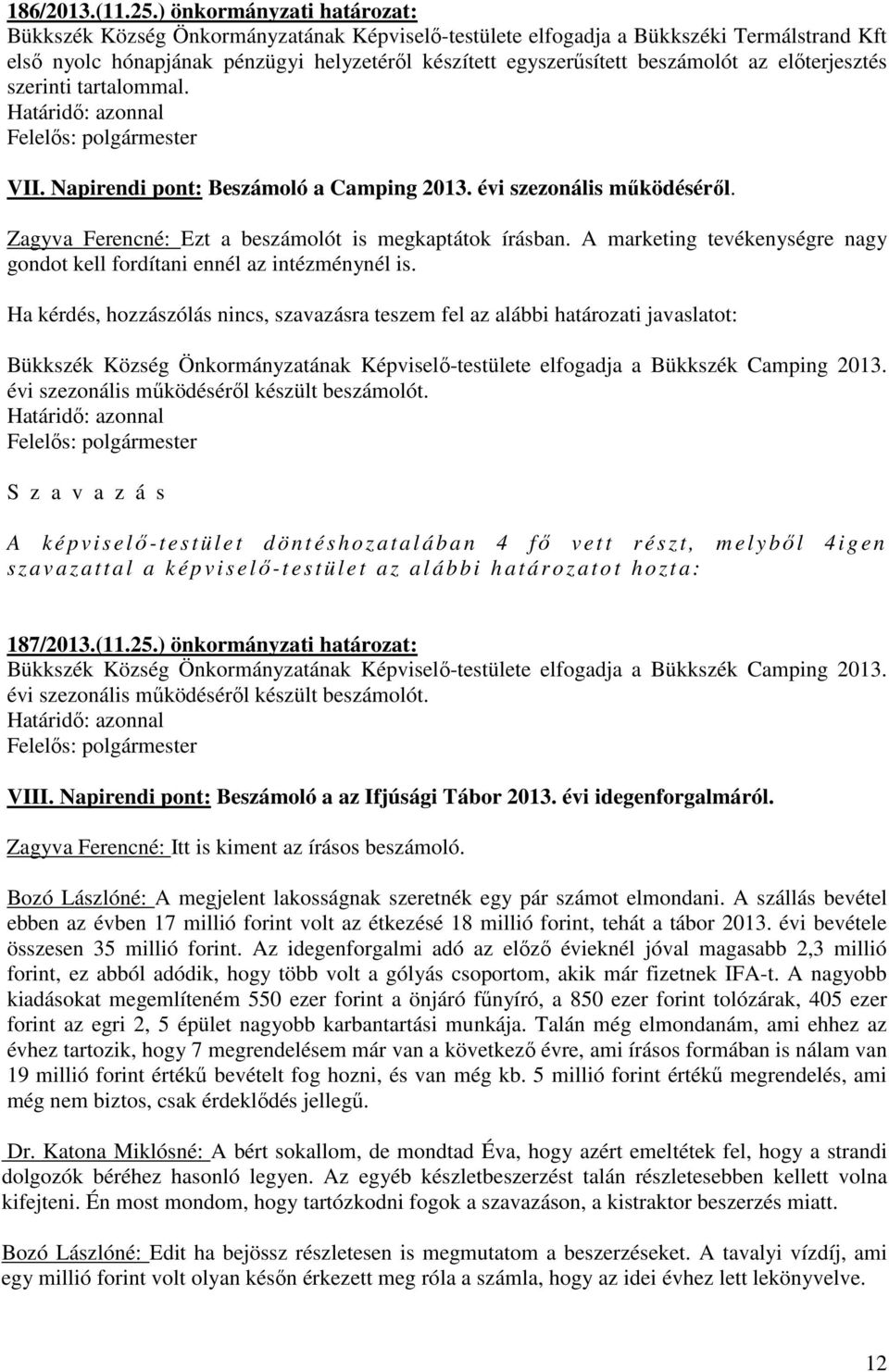 az előterjesztés szerinti tartalommal. VII. Napirendi pont: Beszámoló a Camping 2013. évi szezonális működéséről. Zagyva Ferencné: Ezt a beszámolót is megkaptátok írásban.