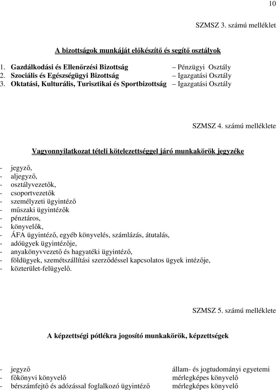 számú melléklete Vagyonnyilatkozat tételi kötelezettséggel járó munkakörök jegyzéke - jegyző, - aljegyző, - osztályvezetők, - csoportvezetők - személyzeti ügyintéző - műszaki ügyintézők - pénztáros,