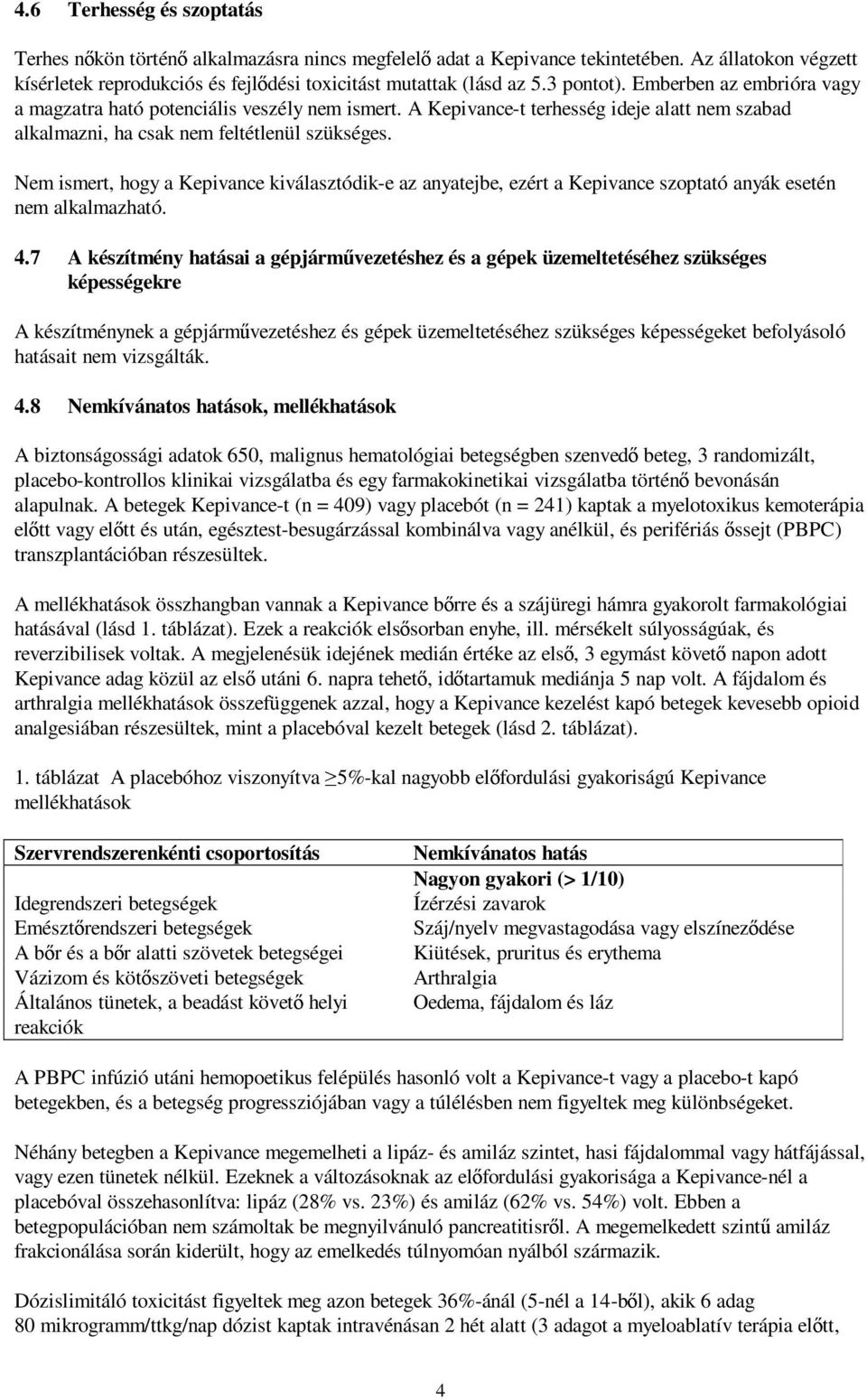 Nem ismert, hogy a Kepivance kiválasztódik-e az anyatejbe, ezért a Kepivance szoptató anyák esetén nem alkalmazható. 4.
