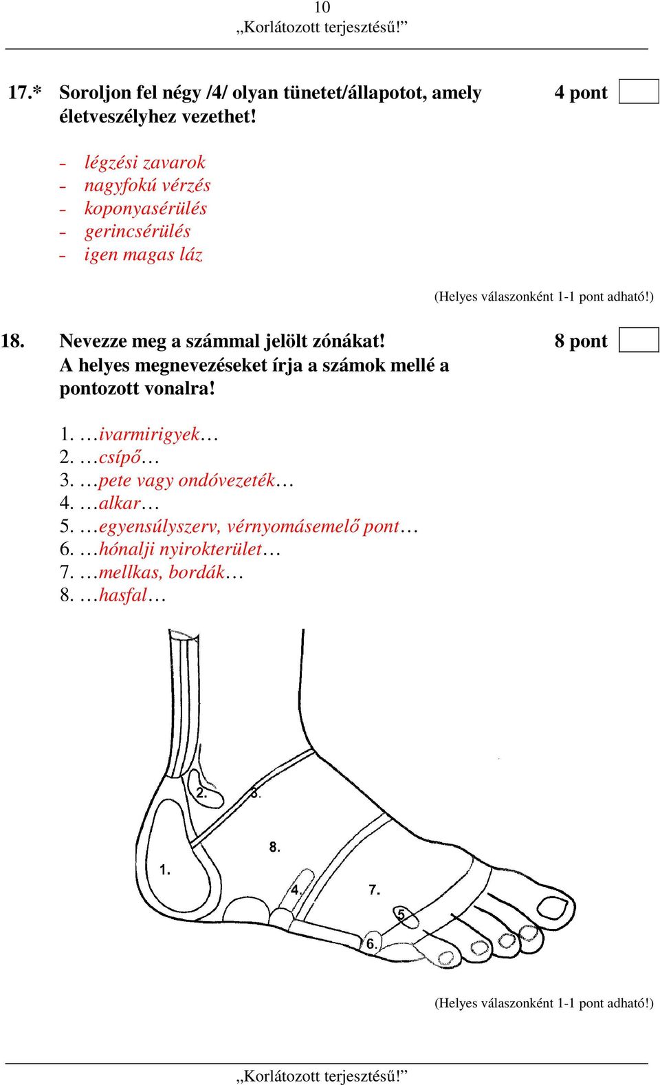 Nevezze meg a számmal jelölt zónákat! 8 pont A helyes megnevezéseket írja a számok mellé a pontozott vonalra!