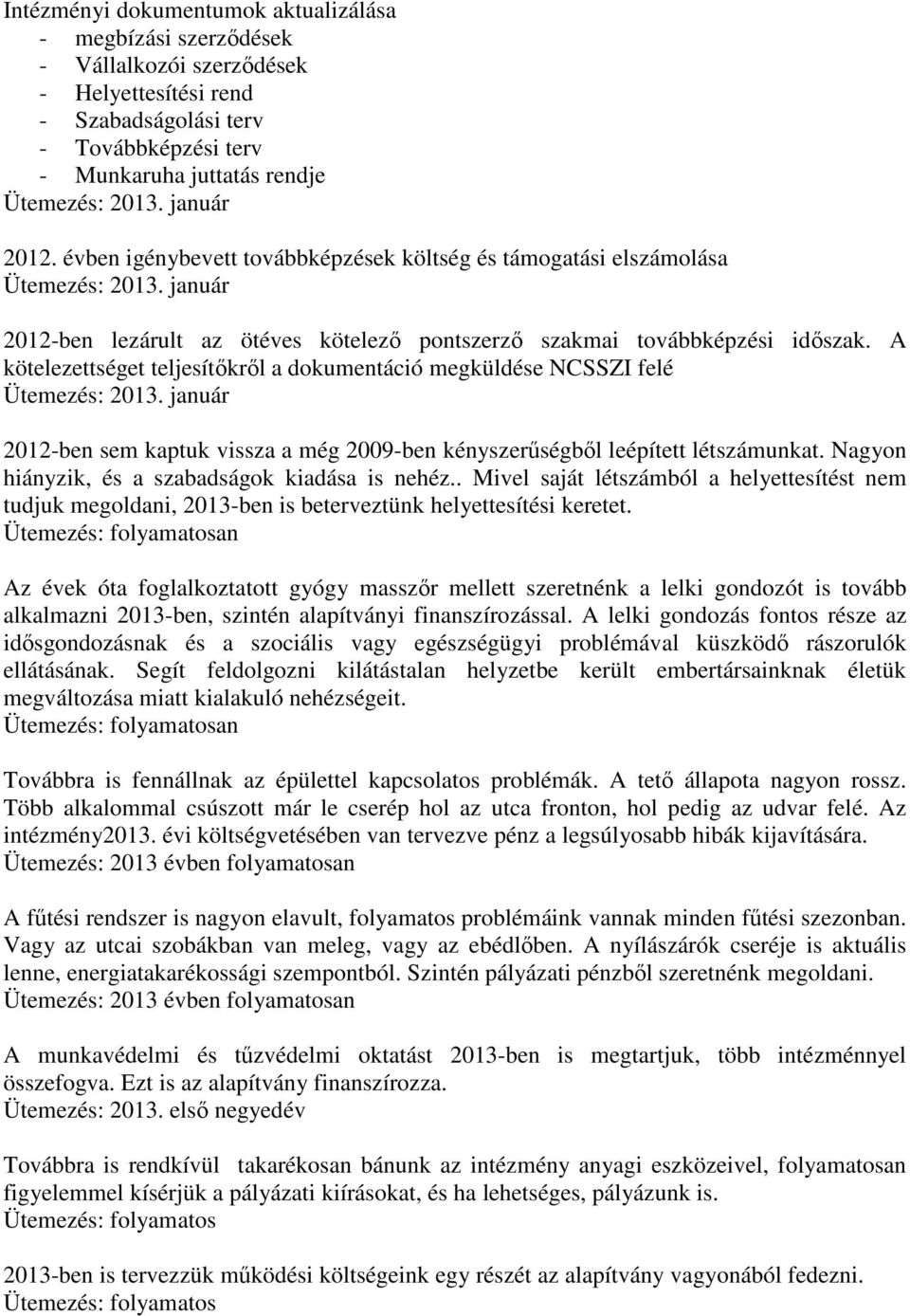 A kötelezettséget teljesítőkről a dokumentáció megküldése NCSSZI felé 2012-ben sem kaptuk vissza a még 2009-ben kényszerűségből leépített létszámunkat.