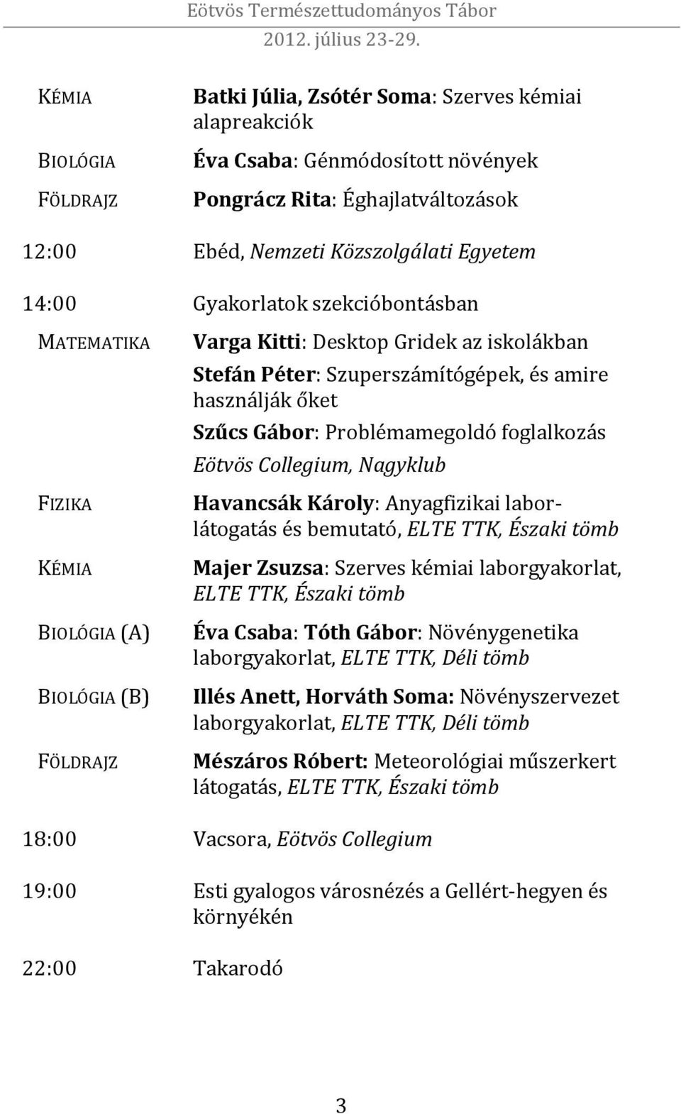 Gábor: Problémamegoldó foglalkozás Eötvös Collegium, Nagyklub Havancsák Károly: Anyagfizikai laborlátogatás és bemutató, ELTE TTK, Északi tömb Majer Zsuzsa: Szerves kémiai laborgyakorlat, ELTE TTK,