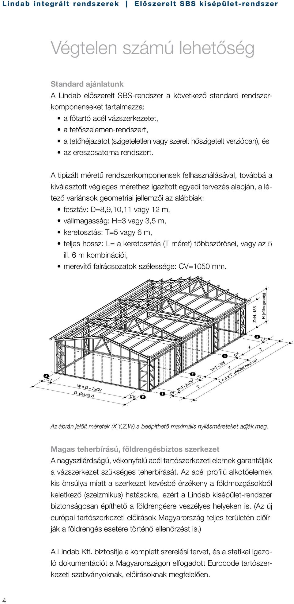 A tipizált méretű rendszerkomponensek felhasználásával, továbbá a kiválasztott végleges mérethez igazított egyedi tervezés alapján, a létező variánsok geometriai jellemzői az alábbiak: fesztáv: