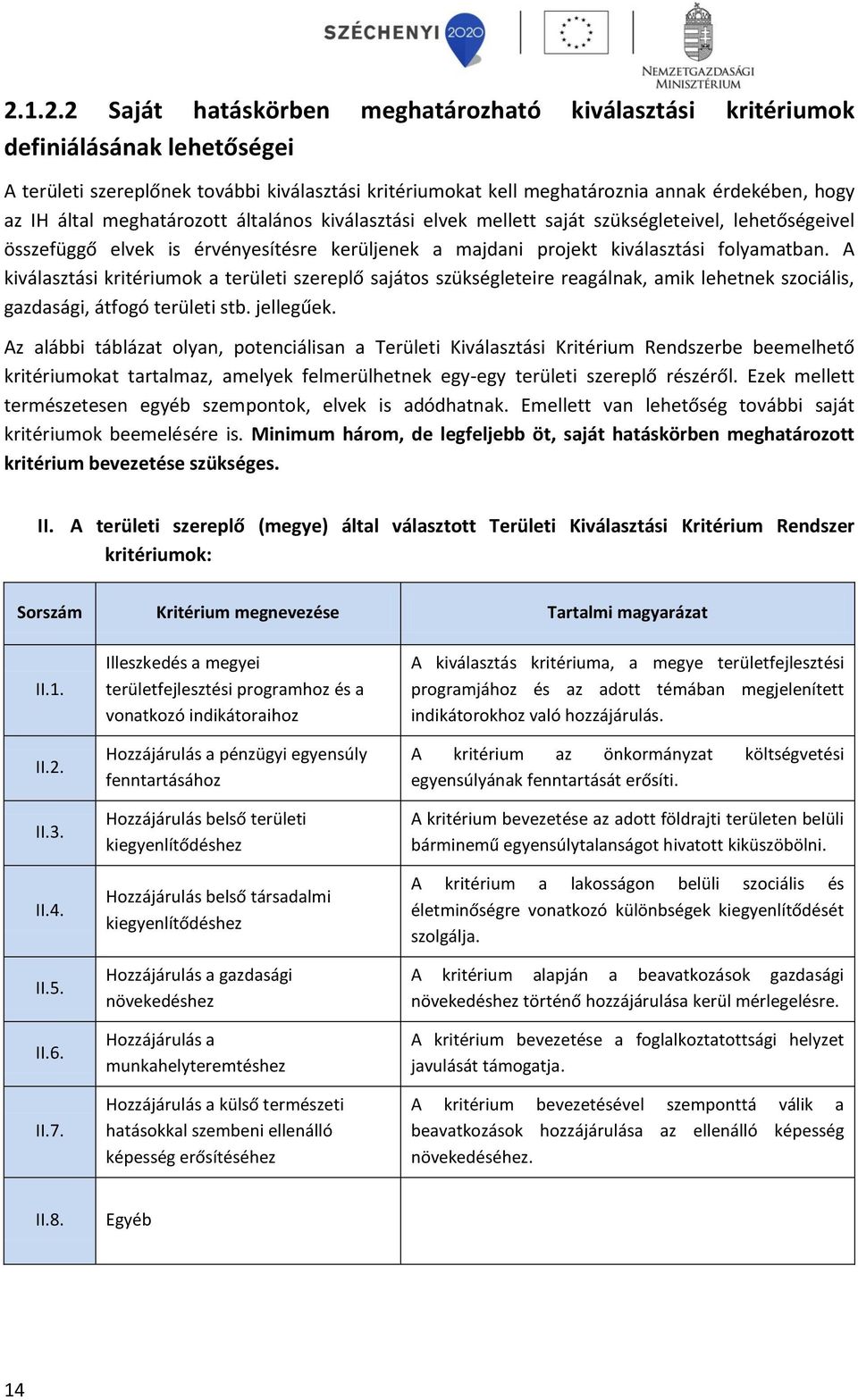 A kiválasztási kritériumok a területi szereplő sajátos szükségleteire reagálnak, amik lehetnek szociális, gazdasági, átfogó területi stb. jellegűek.