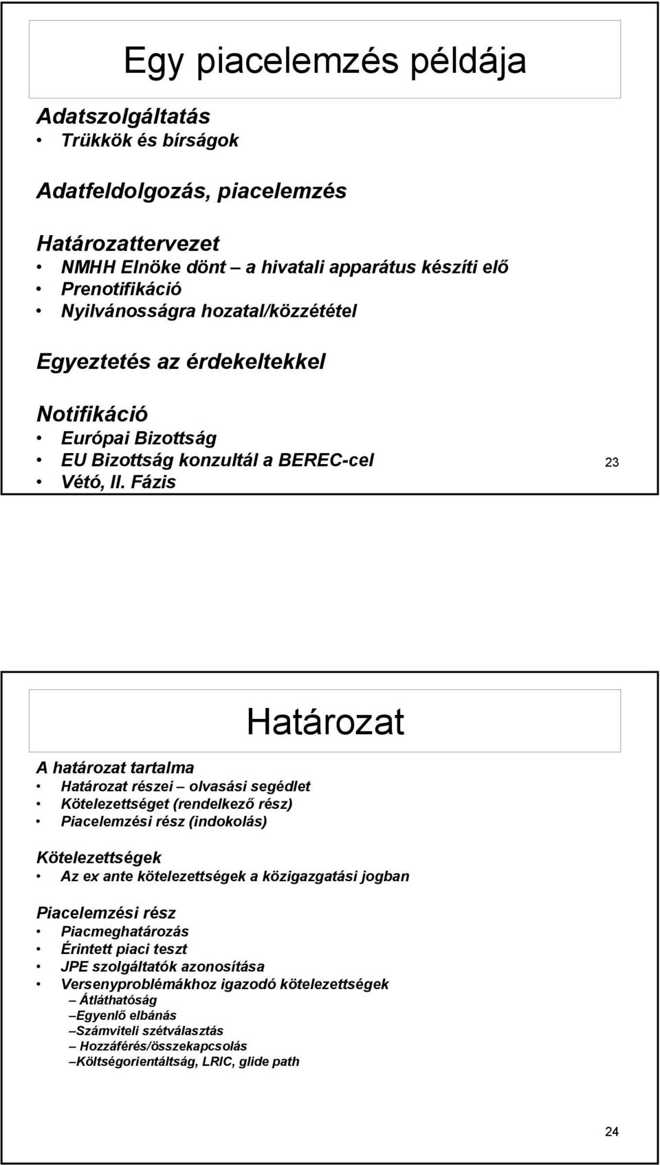 Fázis 23 A határozat tartalma Határozat részei olvasási segédlet Kötelezettséget (rendelkező rész) Piacelemzési rész (indokolás) Határozat Kötelezettségek Az ex ante kötelezettségek a