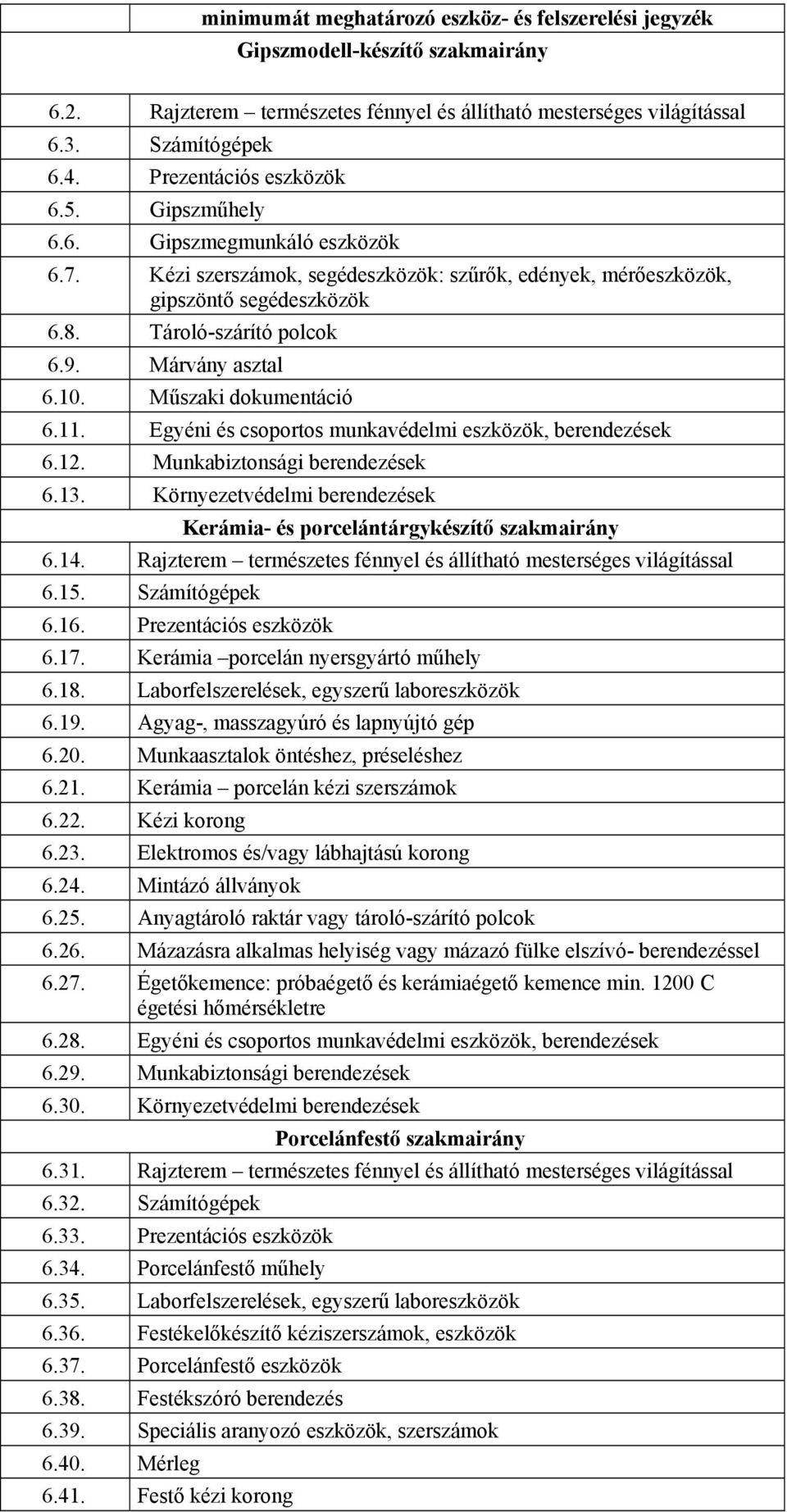 Márvány asztal 6.10. Műszaki dokumentáció 6.11. Egyéni és csoportos munkavédelmi eszközök, berendezések 6.12. Munkabiztonsági berendezések 6.13.