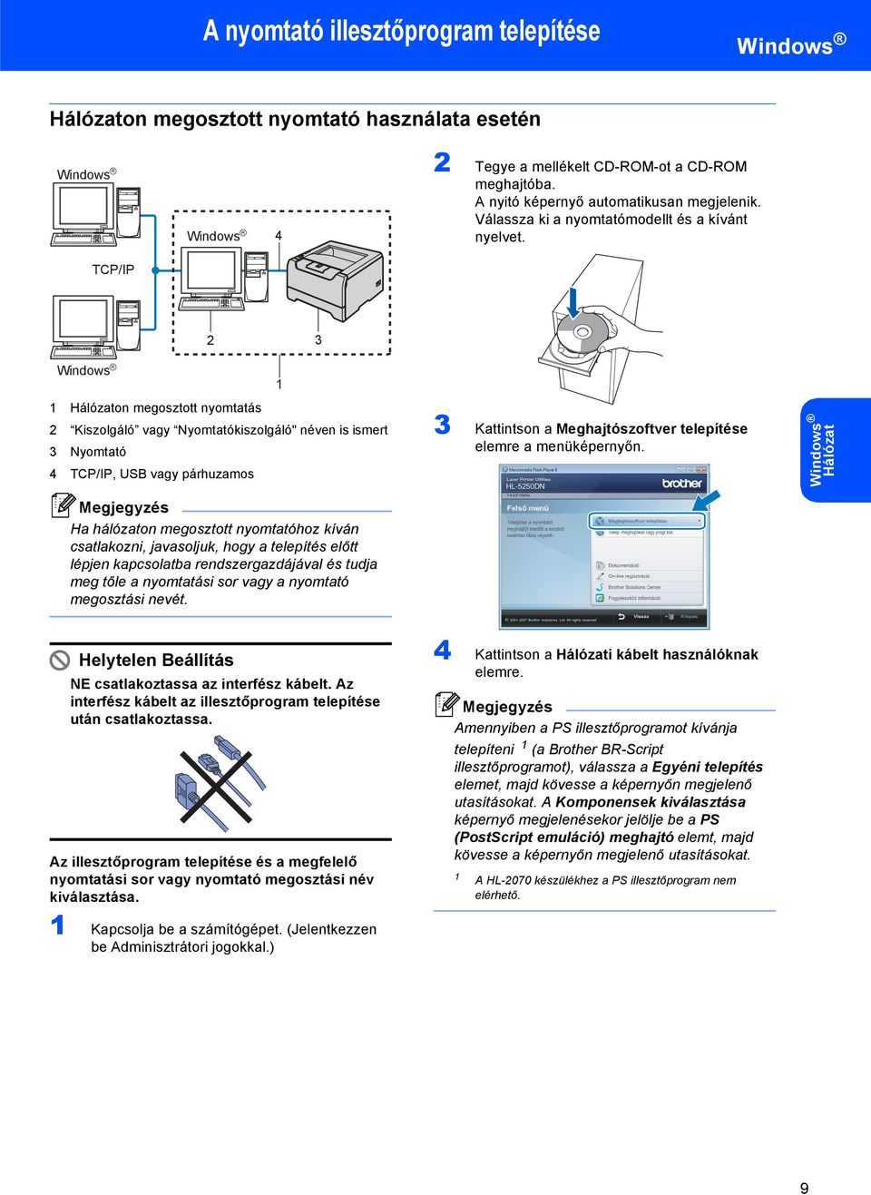 TCP/IP 2 3 Windows R 1 1 Hálózaton megosztott nyomtatás 2 Kiszolgáló vagy Nyomtatókiszolgáló" néven is ismert 3 Nyomtató 4 TCP/IP, USB vagy párhuzamos 3 Kattintson a Meghajtószoftver telepítése