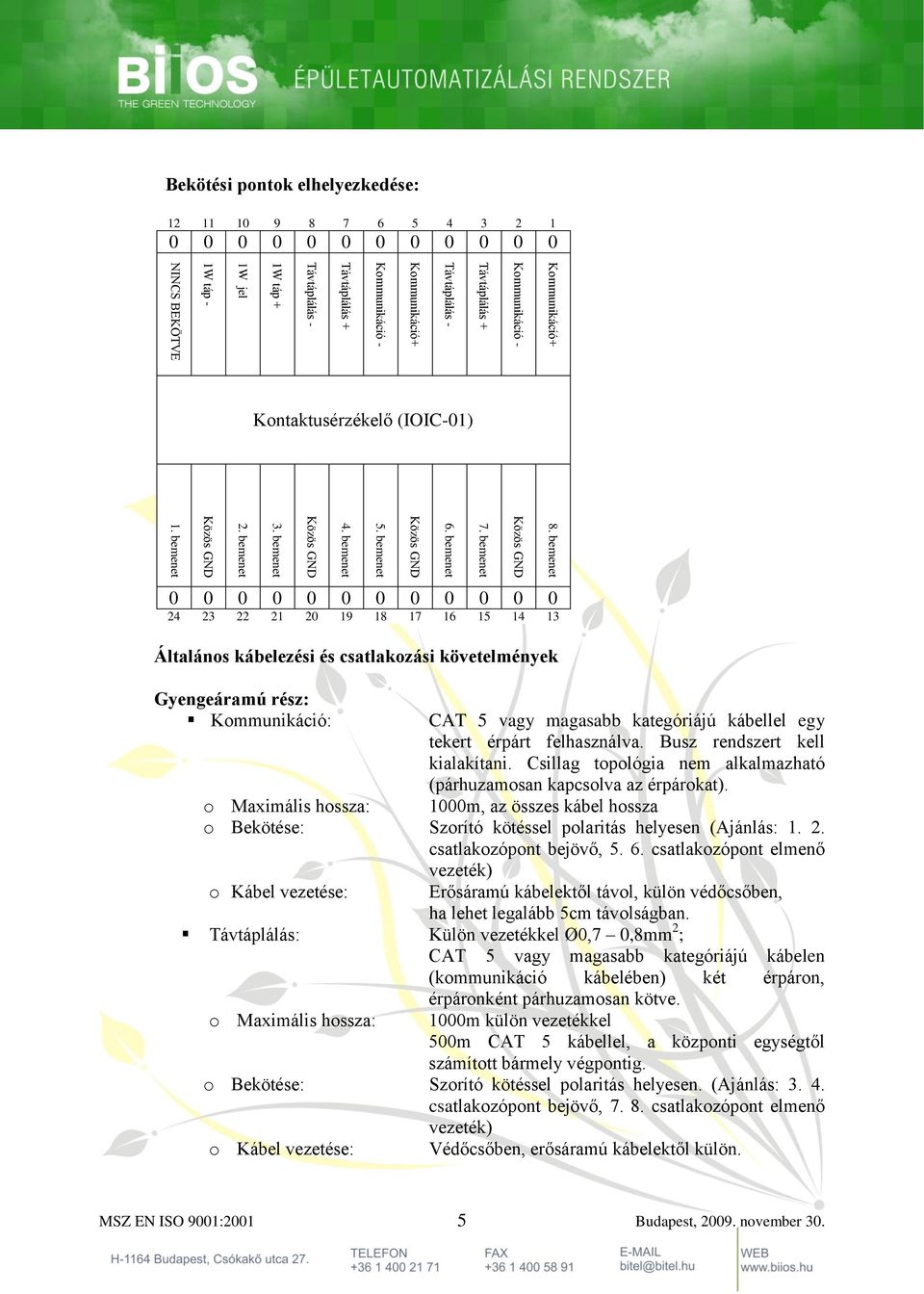 bemenet Bekötési pontok elhelyezkedése: 12 11 10 9 8 7 6 5 4 3 2 1 0 0 0 0 0 0 0 0 0 0 0 0 Kontaktusérzékelő (IOIC-01) 0 0 0 0 0 0 0 0 0 0 0 0 24 23 22 21 20 19 18 17 16 15 14 13 Általános kábelezési