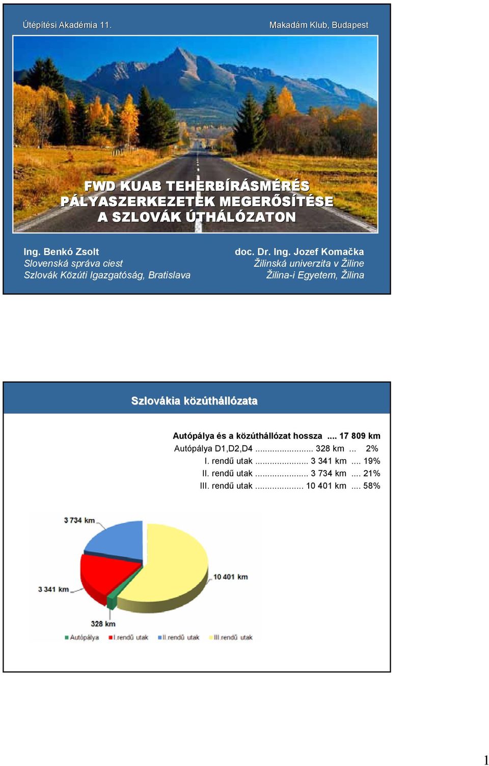 Jozef Komačka Žilinská univerzita v Žiline Žilina-i Egyetem, Žilina Szlovákia közúthállózata Autópálya és a közúthállózat hossza.