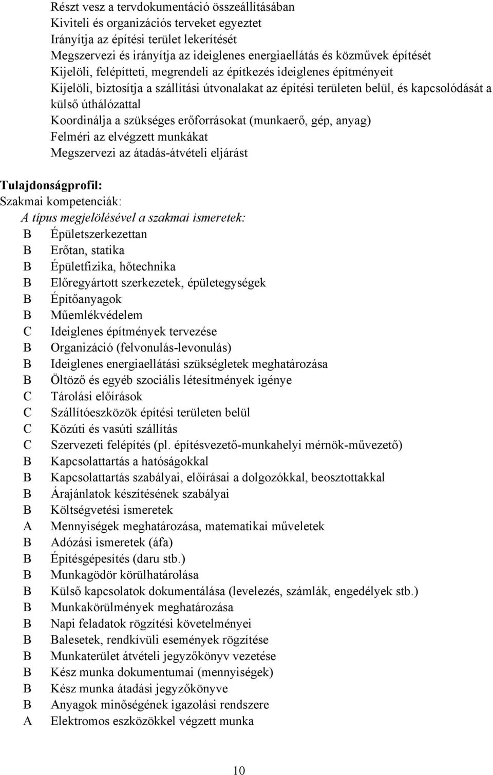 Koordinálja a szükséges erőforrásokat (munkaerő, gép, anyag) Felméri az elvégzett munkákat Megszervezi az átadás-átvételi eljárást Tulajdonságprofil: Szakmai kompetenciák: A típus megjelölésével a