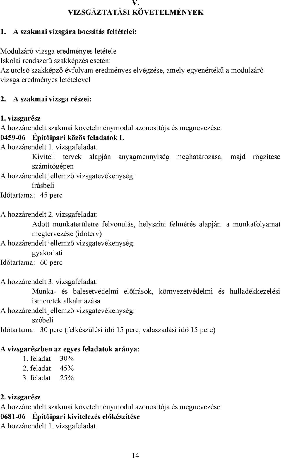 vizsga eredményes letételével 2. A szakmai vizsga részei: 1. vizsgarész A hozzárendelt szakmai követelménymodul azonosítója és megnevezése: 0459-06 Építőipari közös feladatok I. A hozzárendelt 1.