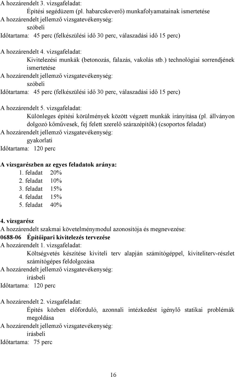 ) technológiai sorrendjének ismertetése szóbeli Időtartama: 45 perc (felkészülési idő 30 perc, válaszadási idő 15 perc) A hozzárendelt 5.