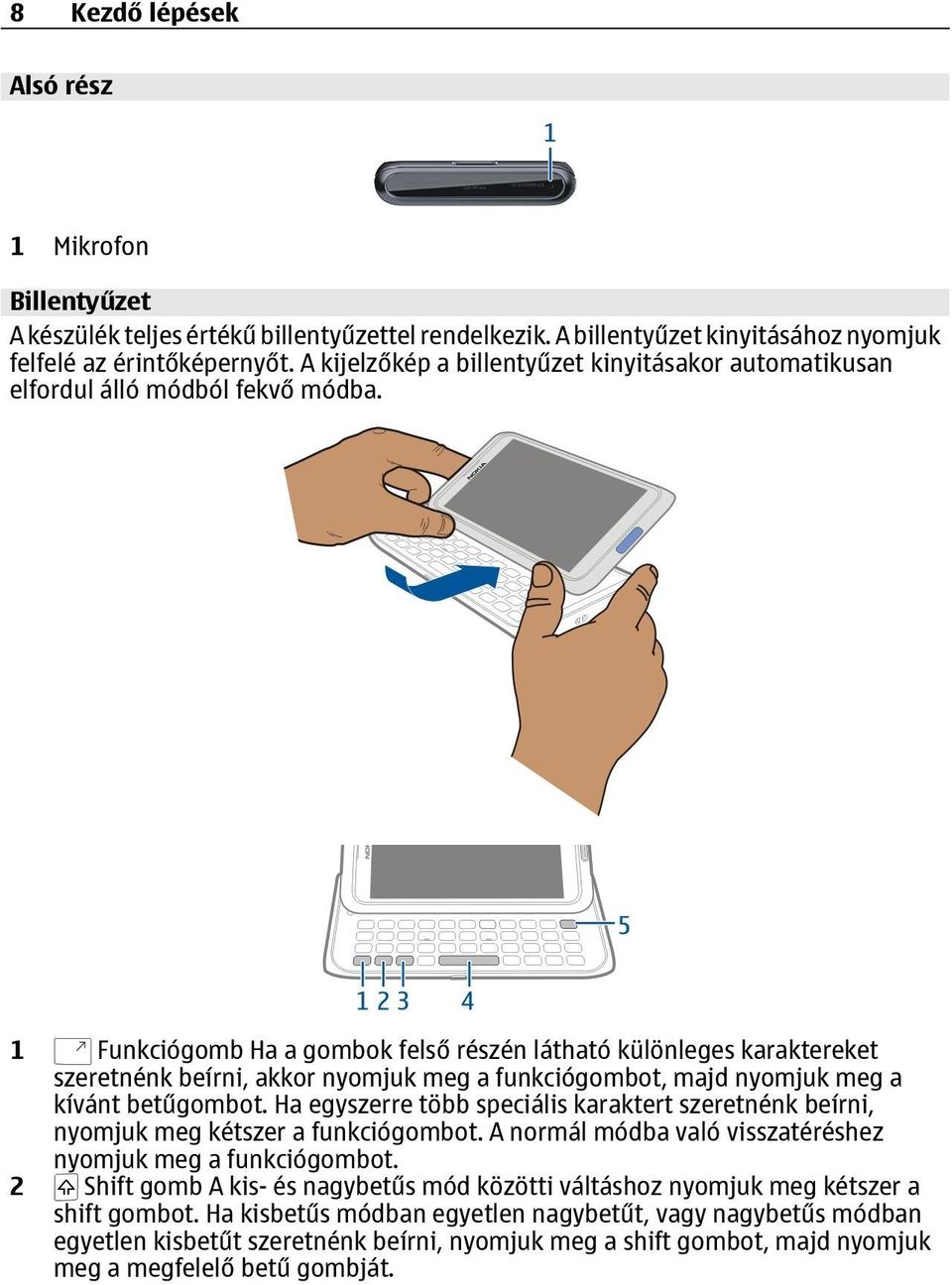 1 Funkciógomb Ha a gombok felső részén látható különleges karaktereket szeretnénk beírni, akkor nyomjuk meg a funkciógombot, majd nyomjuk meg a kívánt betűgombot.