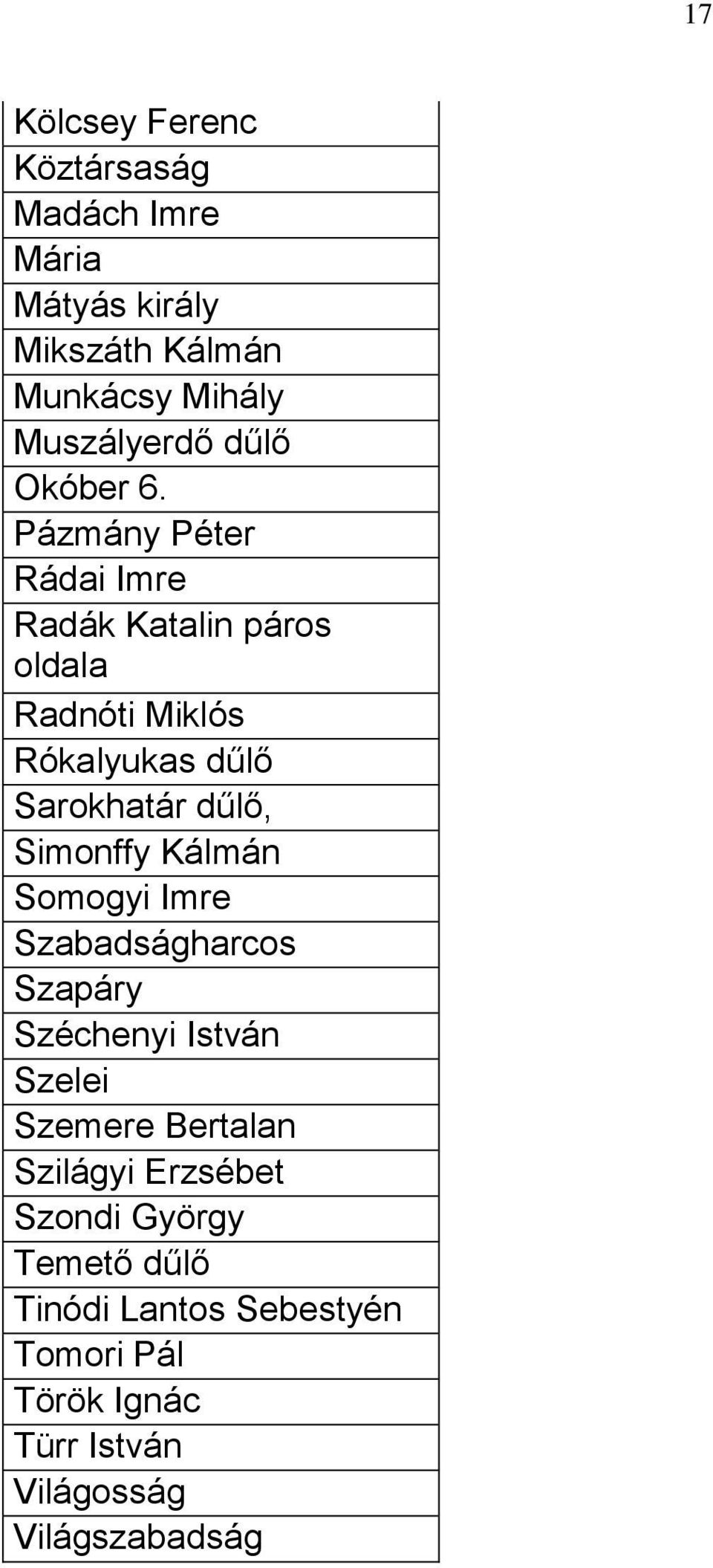 Pázmány Péter Rádai Imre Radák Katalin páros oldala Radnóti Miklós Rókalyukas dűlő Sarokhatár dűlő, Simonffy