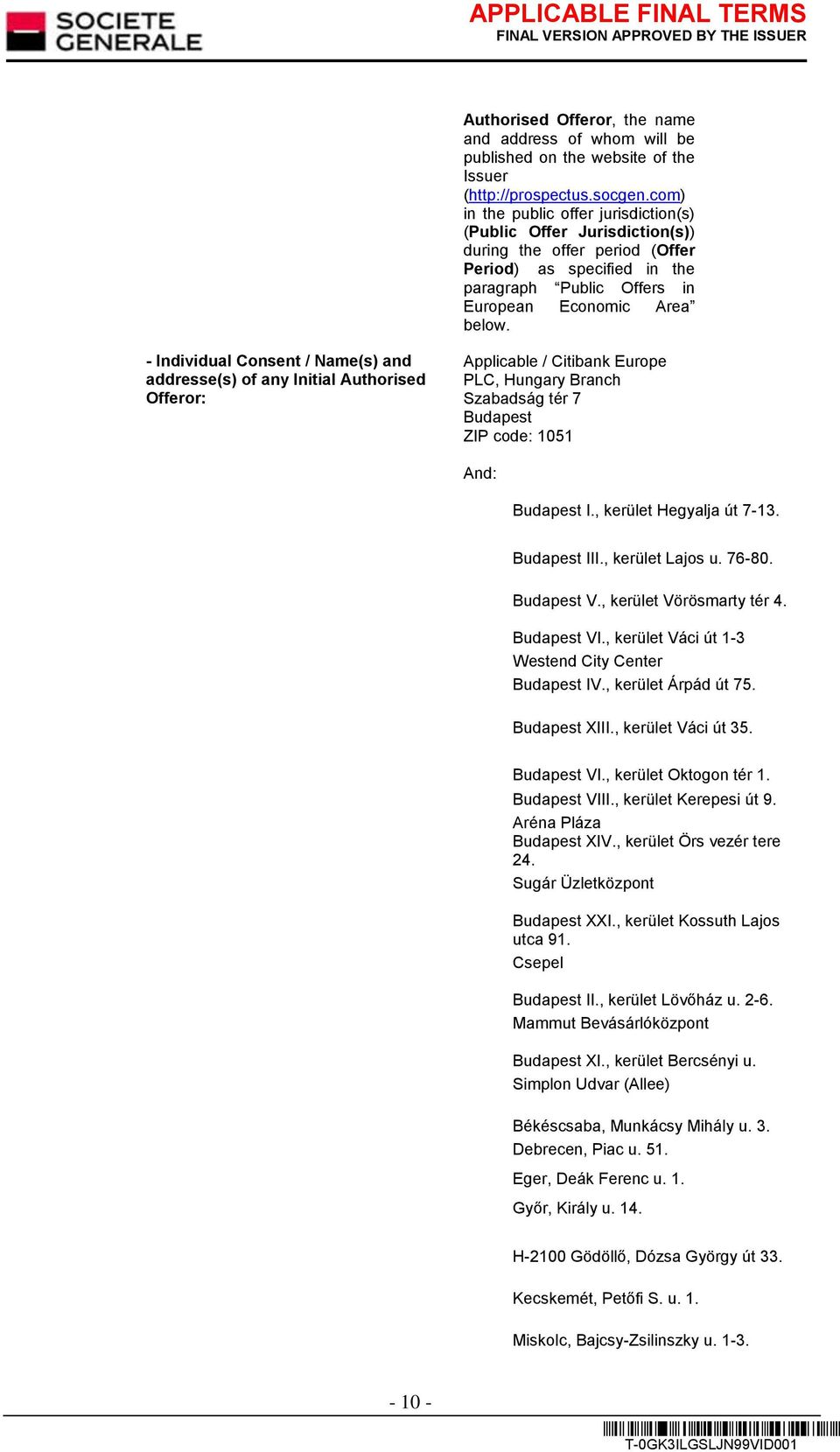- Individual Consent / Name(s) and addresse(s) of any Initial Authorised Offeror: Applicable / Citibank Europe PLC, Hungary Branch Szabadság tér 7 Budapest ZIP code: 1051 And: Budapest I.