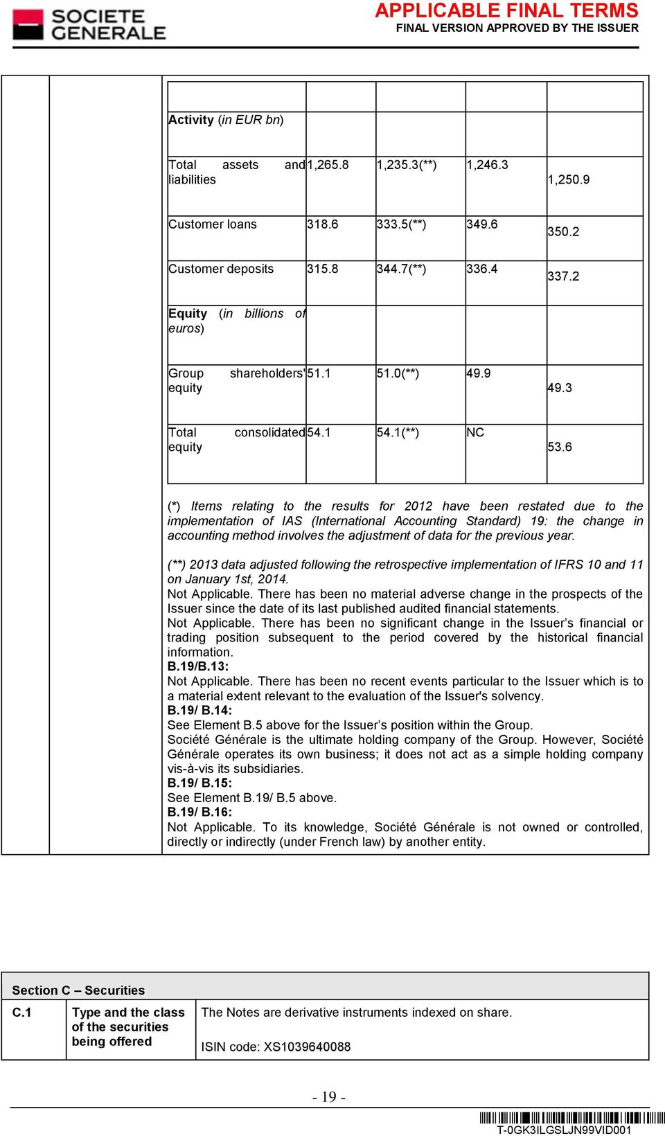 6 (*) Items relating to the results for 2012 have been restated due to the implementation of IAS (International Accounting Standard) 19: the change in accounting method involves the adjustment of