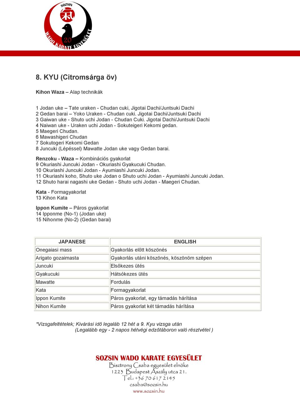 6 Mawashigeri Chudan 7 Sokutogeri Kekomi Gedan 8 Juncuki (Lépéssel) Mawatte Jodan uke vagy Gedan barai. Renzoku - Waza Kombinációs gyakorlat 9 Okuriashi Juncuki Jodan - Okuriashi Gyakucuki Chudan.