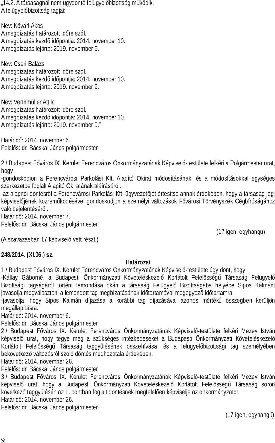 A megbízatás kezdő időpontja: 2014. november 10. A megbízatás lejárta: 2019. november 9. 2./ Budapest Főváros IX.
