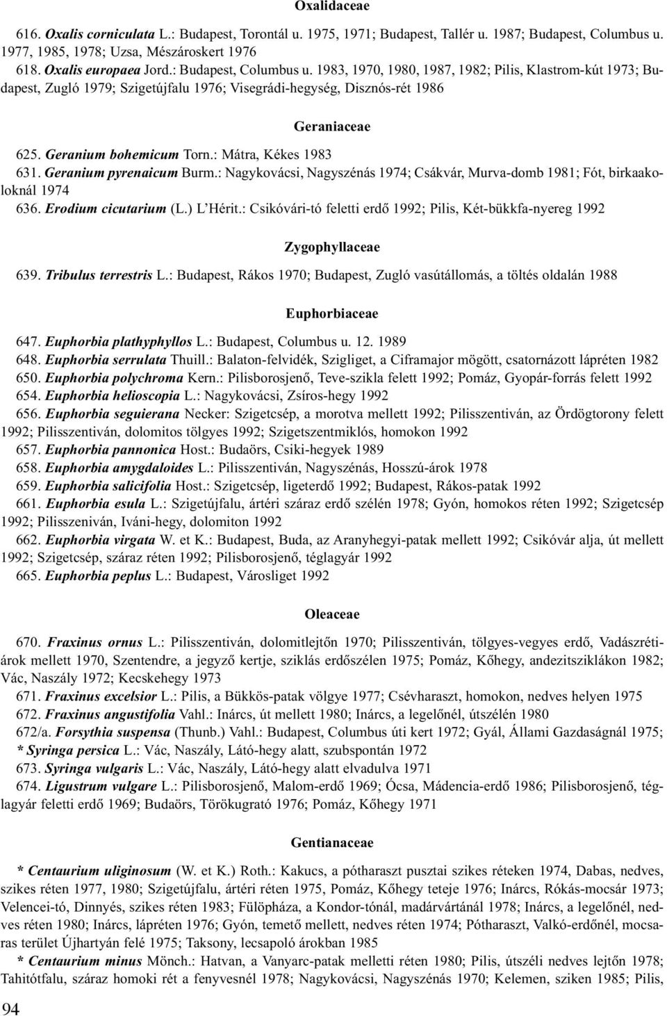 : Mátra, Kékes 1983 631. Geranium pyrenaicum Burm.: Nagykovácsi, Nagyszénás 1974; Csákvár, Murva-domb 1981; Fót, birkaakoloknál 1974 636. Erodium cicutarium (L.) L Hérit.