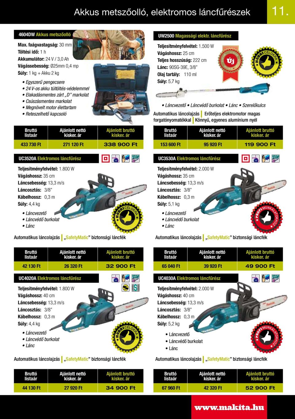 markolat Csúszásmentes markolat Megnövelt motor élettartam Reteszelhető kapcsoló UC3520A Elektromos láncfűrész 433 730 Ft 271 120 Ft 338 900 Ft UW2500 Magassági elektr.