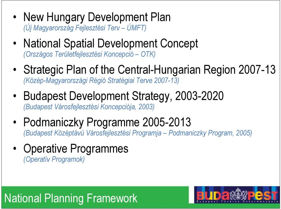 Terve 2007-13) Budapest Development Strategy, 2003-2020 (Budapest Városfejlesztési Koncepciója, 2003) Podmaniczky Programme