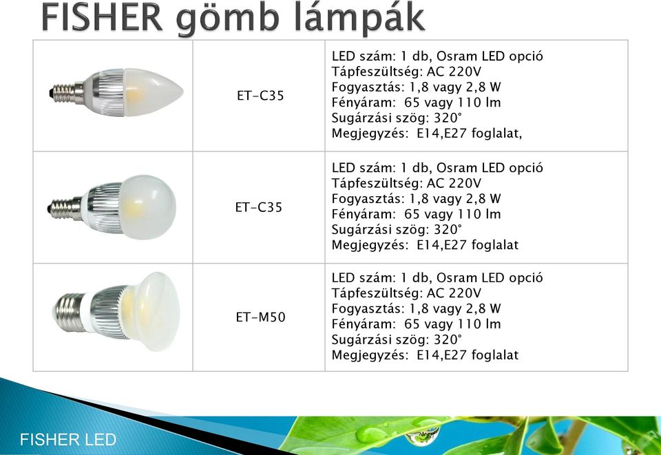 2,8 W Fényáram: 65 vagy 110 lm Sugárzási szög: 320 Megjegyzés: E14,E27 foglalat LED szám: 1 db, Osram