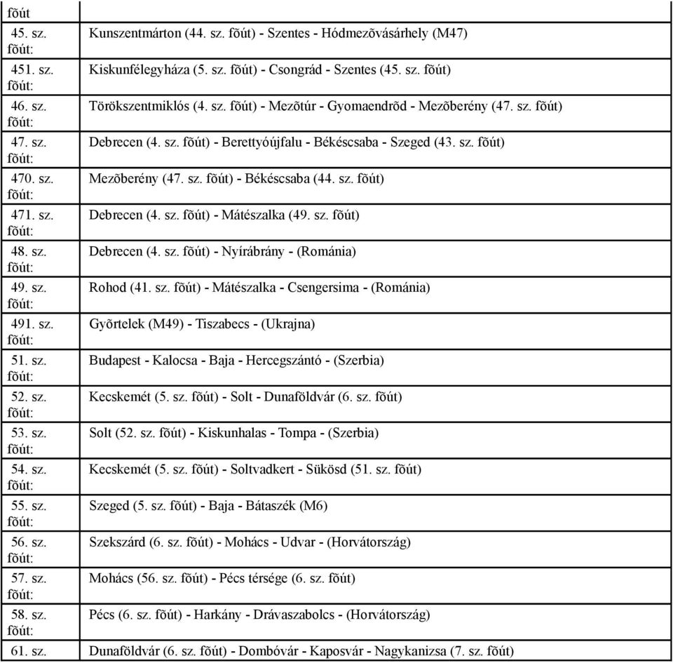 sz. fõút) - Békéscsaba (44. sz. fõút) Debrecen (4. sz. fõút) - Mátészalka (49. sz. fõút) Debrecen (4. sz. fõút) - Nyírábrány - (Románia) Rohod (41. sz. fõút) - Mátészalka - Csengersima - (Románia) Gyõrtelek (M49) - Tiszabecs - (Ukrajna) Budapest - Kalocsa - Baja - Hercegszántó - (Szerbia) Kecskemét (5.
