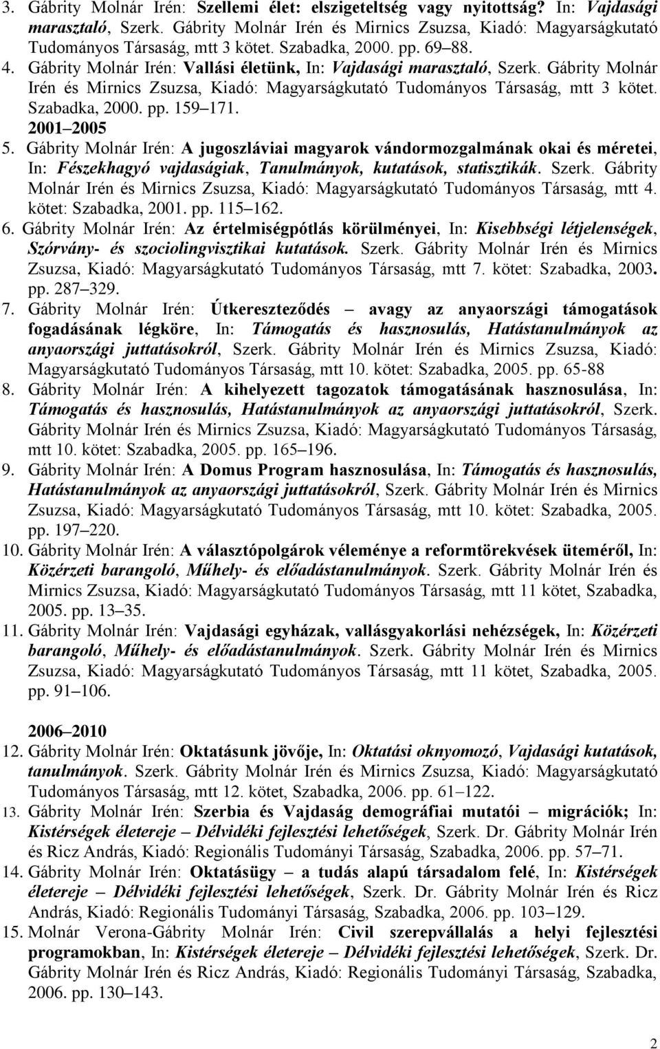Szabadka, 2000. pp. 159 171. 2001 2005 5. Gábrity Molnár Irén: A jugoszláviai magyarok vándormozgalmának okai és méretei, In: Fészekhagyó vajdaságiak, Tanulmányok, kutatások, statisztikák. Szerk.