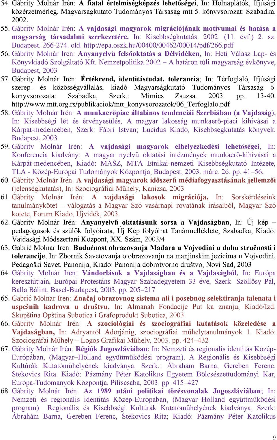hu/00400/00462/00014/pdf/266.pdf 56. Gábrity Molnár Irén: Anyanyelvű felsőoktatás a Délvidéken, In: Heti Válasz Lap- és Könyvkiadó Szolgáltató Kft.