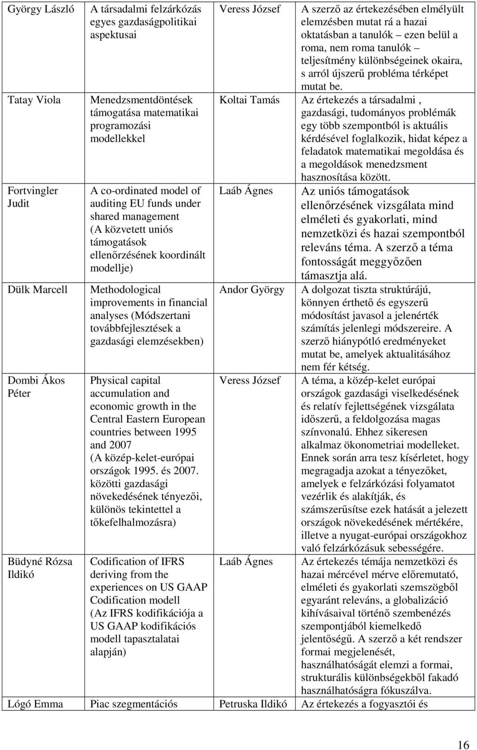 analyses (Módszertani továbbfejlesztések a gazdasági elemzésekben) Physical capital accumulation and economic growth in the Central Eastern European countries between 1995 and 2007 (A