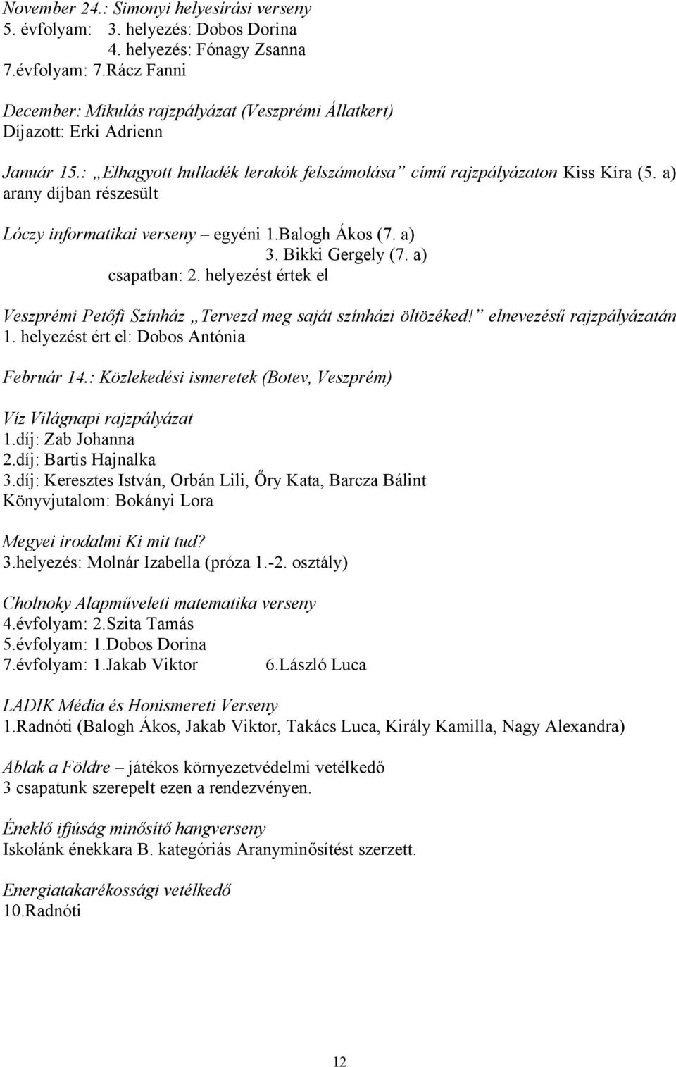 a) arany díjban részesült Lóczy informatikai verseny egyéni 1.Balogh Ákos (7. a) 3. Bikki Gergely (7. a) csapatban: 2. helyezést értek el Veszprémi Petőfi Színház Tervezd meg saját színházi öltözéked!