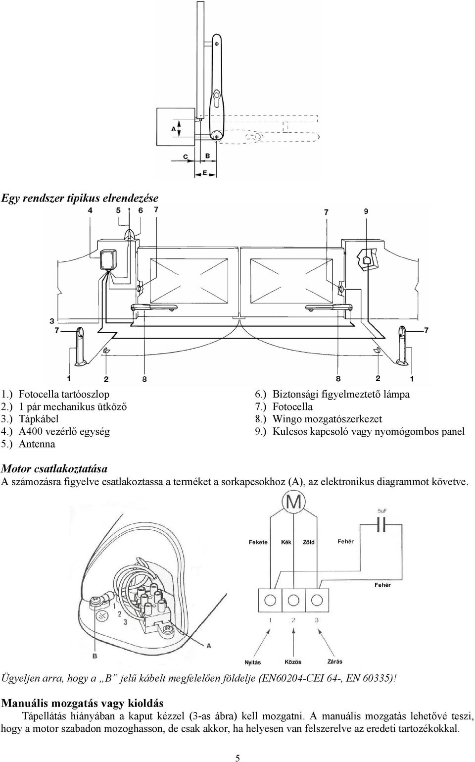 ) Kulcsos kapcsoló vagy nyomógombos panel Motor csatlakoztatása A számozásra figyelve csatlakoztassa a terméket a sorkapcsokhoz (A), az elektronikus diagrammot követve.