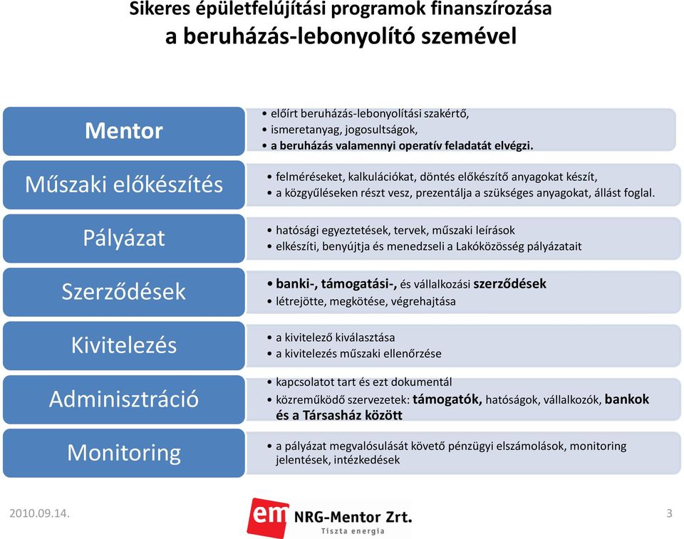 hatósági egyeztetések, tervek, műszaki leírások elkészíti, benyújtja és menedzseli a Lakóközösség pályázatait banki-, támogatási-, és vállalkozási szerződések létrejötte, megkötése, végrehajtása a