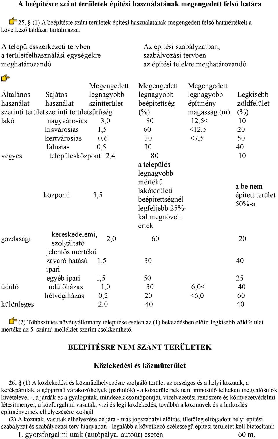 Az építési szabályzatban, szabályozási tervben az építési telekre meghatározandó Általános használat szerinti terület Megengedett Sajátos legnagyobb használat szintterületszerinti terület sűrűség