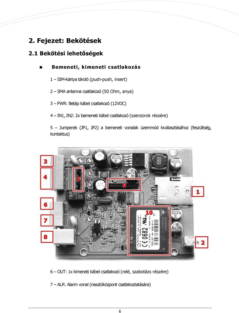 csatlakozó (50 Ohm, anya) 3 PWR: Betáp kábel csatlakozó (12VDC) 4 IN1, IN2: 2x bemeneti kábel csatlakozó (szenzorok